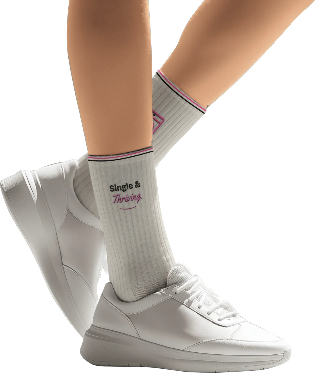Single & Thriving socks on legs with white sneakers